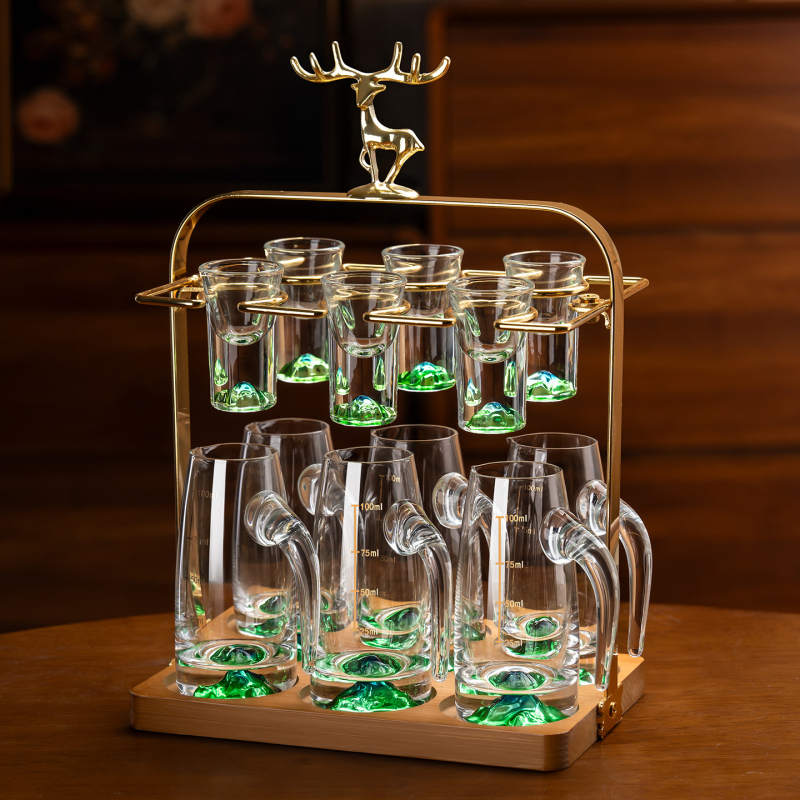 Set de pahare pentru băuturi spirtoase, uz casnic, cu dozator de 100 ml, pahare mici și suport pentru pahare, stil elegant retro cu scară de măsurare