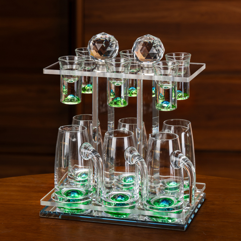 Set de pahare pentru băuturi spirtoase, uz casnic, cu dozator de 100 ml, pahare mici și suport pentru pahare, stil elegant retro cu scară de măsurare