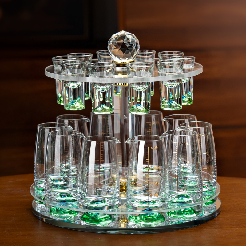 Set de pahare pentru băuturi spirtoase, uz casnic, cu dozator de 100 ml, pahare mici și suport pentru pahare, stil elegant retro cu scară de măsurare