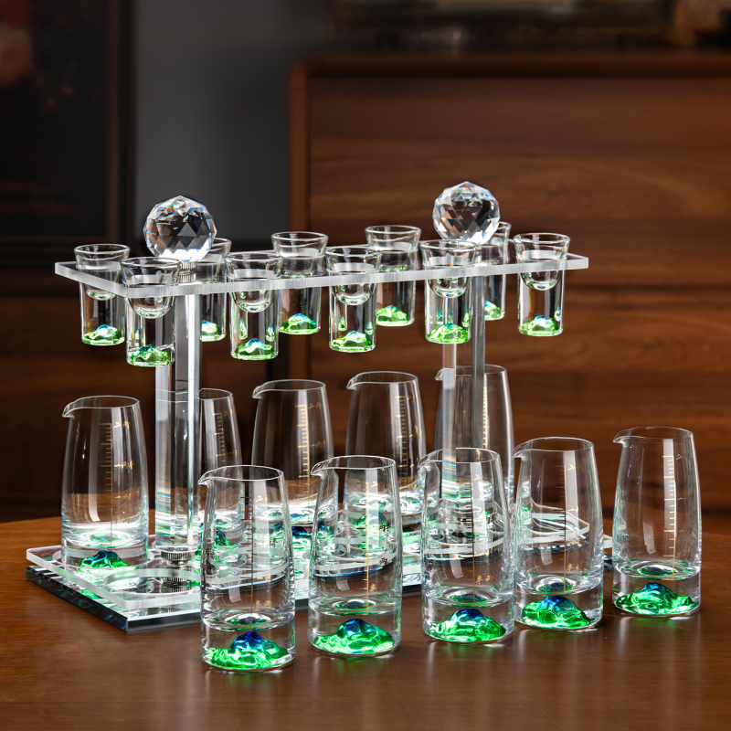Set de pahare pentru băuturi spirtoase, uz casnic, cu dozator de 100 ml, pahare mici și suport pentru pahare, stil elegant retro cu scară de măsurare