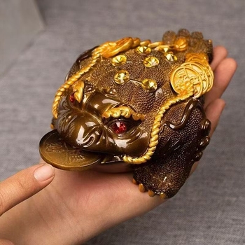 Ornament Tea Pet din rășină: broască de baltă aurie cu trei picioare pentru masă de ceai, accesoriu pentru set ceai cu schimbare de culoare
