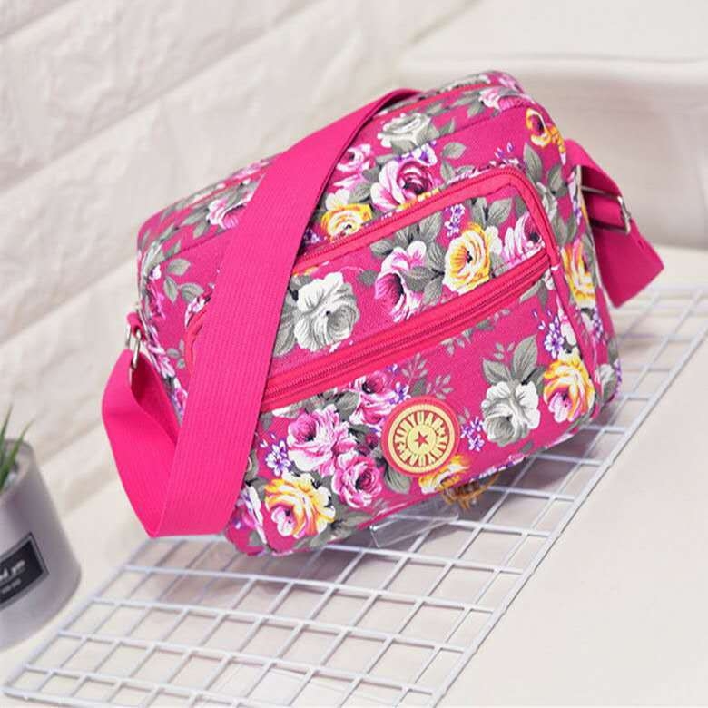 Ženska platnena torba s ružnim cvjetnim uzorom, 5 džepova, crossbody torba