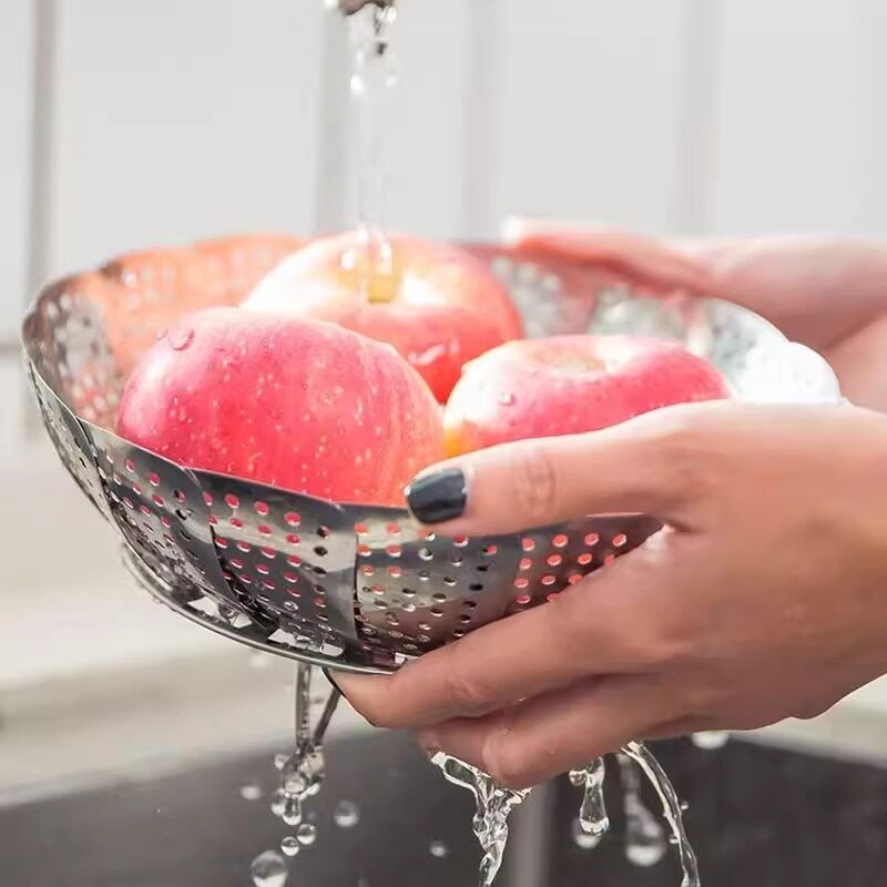 Coș de aburi din oțel inoxidabil, suport telescopic pliabil, tavă de aburi alimentară cu trei dimensiuni: mare, mediu, mic