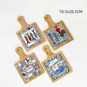 Placă de tăiere în stil portughez din bambus și lemn, cu pernă ceramică izolatoare termică, suport pentru oale cu relief 3D și folie de aur, MDF set de vase