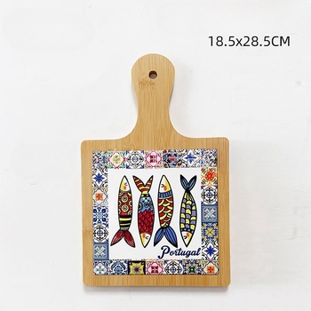 Placă de tăiere în stil portughez din bambus și lemn, cu pernă ceramică izolatoare termică, suport pentru oale cu relief 3D și folie de aur, MDF set de vase