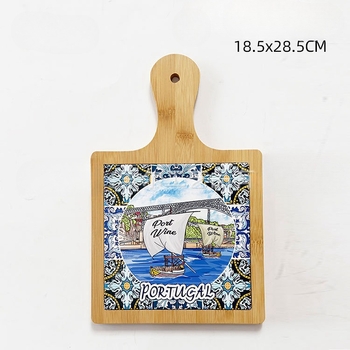 Placă de tăiere în stil portughez din bambus și lemn, cu pernă ceramică izolatoare termică, suport pentru oale cu relief 3D și folie de aur, MDF set de vase