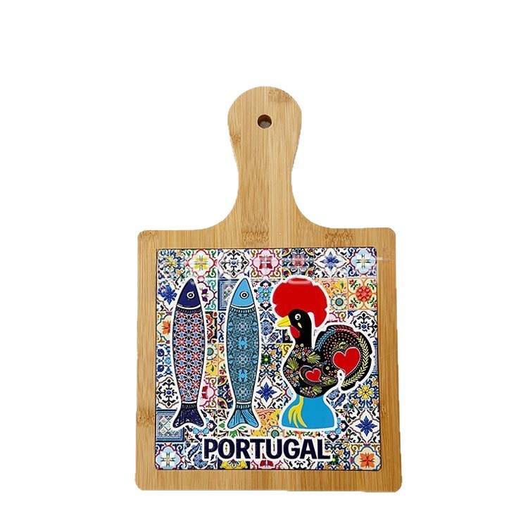 Placă de tăiere în stil portughez din bambus și lemn, cu pernă ceramică izolatoare termică, suport pentru oale cu relief 3D și folie de aur, MDF set de vase