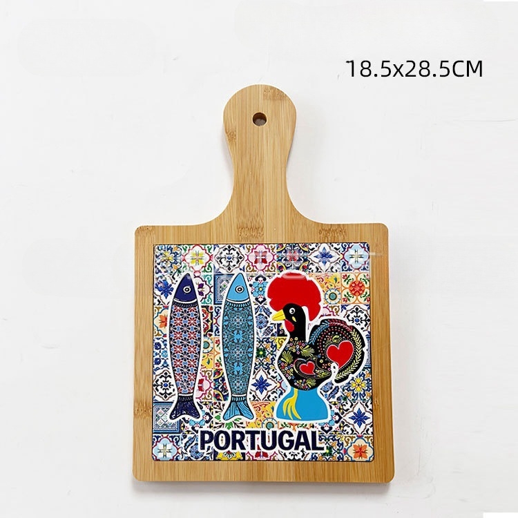 Placă de tăiere în stil portughez din bambus și lemn, cu pernă ceramică izolatoare termică, suport pentru oale cu relief 3D și folie de aur, MDF set de vase