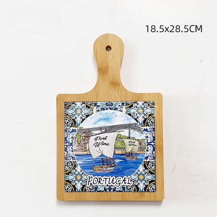Placă de tăiere în stil portughez din bambus și lemn, cu pernă ceramică izolatoare termică, suport pentru oale cu relief 3D și folie de aur, MDF set de vase