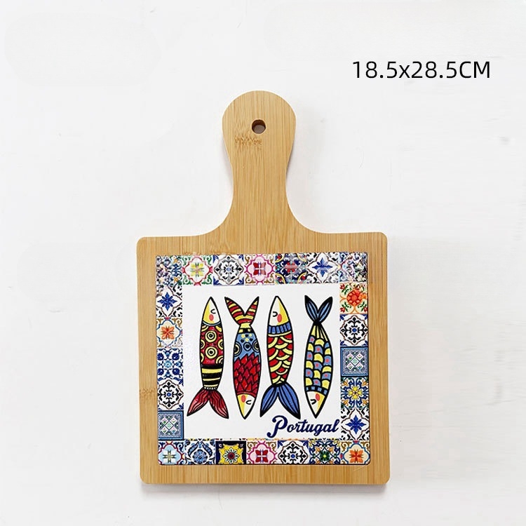 Placă de tăiere în stil portughez din bambus și lemn, cu pernă ceramică izolatoare termică, suport pentru oale cu relief 3D și folie de aur, MDF set de vase