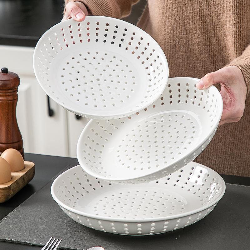 Set de boluri de sticlă cu tavă ceramică pentru aburire, tavă de abur cu mai multe găuri, tavă de scurgere, suport de abur cu separare a apei, tavă de fructe, grătar rotund