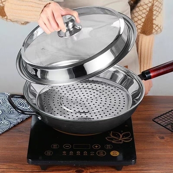 Tavă rotundă pentru aburi din oțel inoxidabil pentru chifle la abur și găluște, tavă de aburi adâncită și îngroșată pentru uz casnic, grilă/raft pentru aburi cu separare de apă