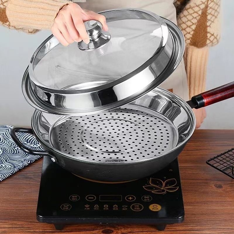 Tavă rotundă pentru aburi din oțel inoxidabil pentru chifle la abur și găluște, tavă de aburi adâncită și îngroșată pentru uz casnic, grilă/raft pentru aburi cu separare de apă