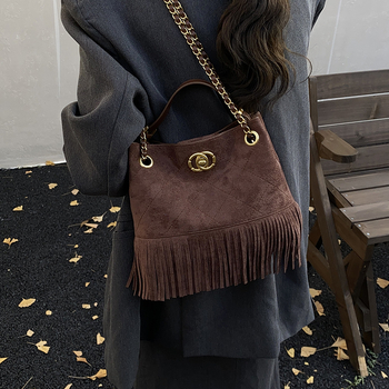 Ženska torba bucket s resicama od PU velura, retro stil, crossbody, zimsko izdanje 2025, srednja veličina, podstava poliester