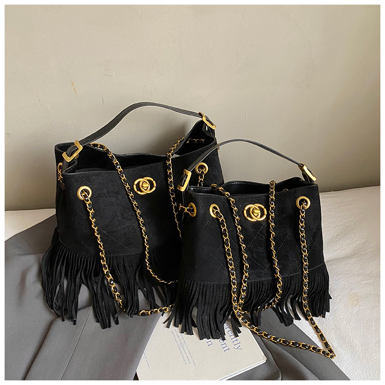 Ženska torba bucket s resicama od PU velura, retro stil, crossbody, zimsko izdanje 2025, srednja veličina, podstava poliester