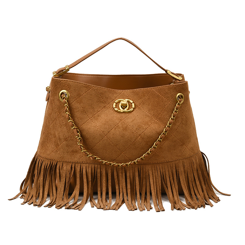 Ženska torba bucket s resicama od PU velura, retro stil, crossbody, zimsko izdanje 2025, srednja veličina, podstava poliester