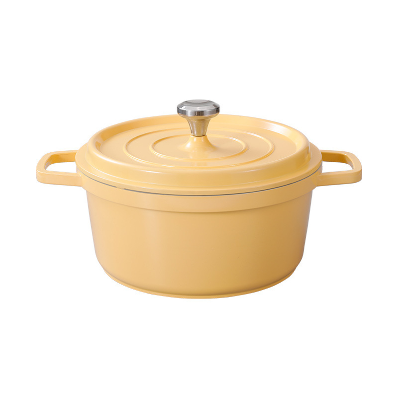 Oală emailată cu două mâneri pentru supe și tocănițe, din aliaj de aluminiu, capac din porțelan, antiaderent, bază dublu strat, 2,1–4 L