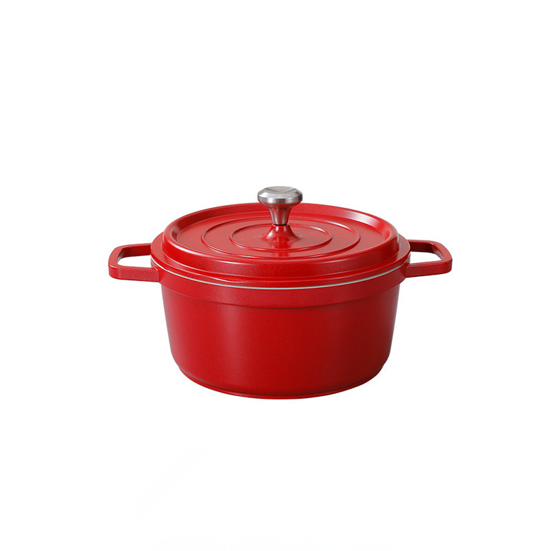 Oală emailată cu două mâneri pentru supe și tocănițe, din aliaj de aluminiu, capac din porțelan, antiaderent, bază dublu strat, 2,1–4 L