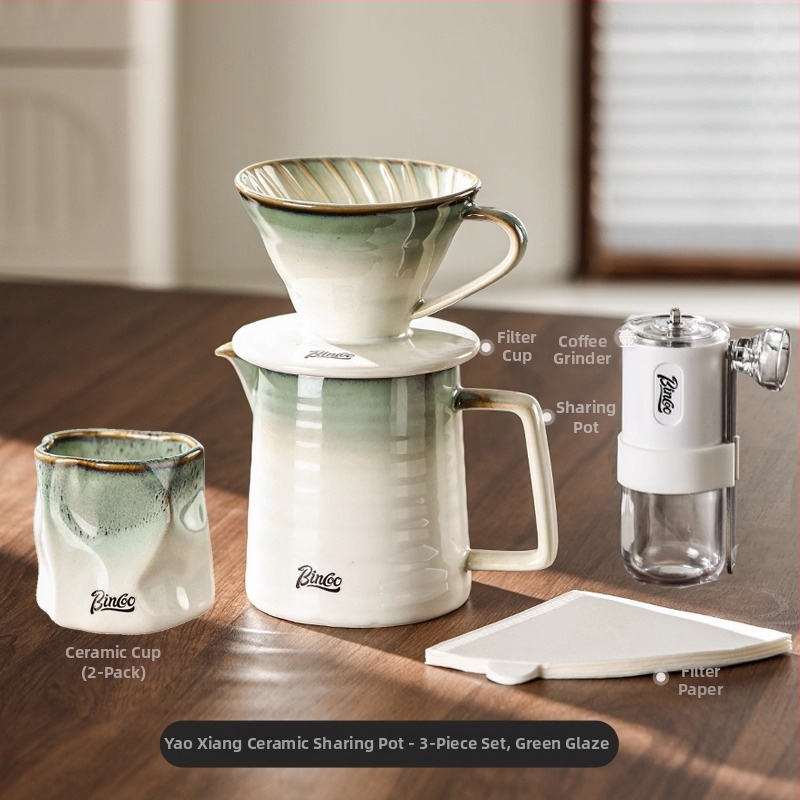 Bincoo Sada pour-over kávy s keramickým filtrom, kanvica na zdieľanie a ručný mlynček na kávu pre domáce použitie