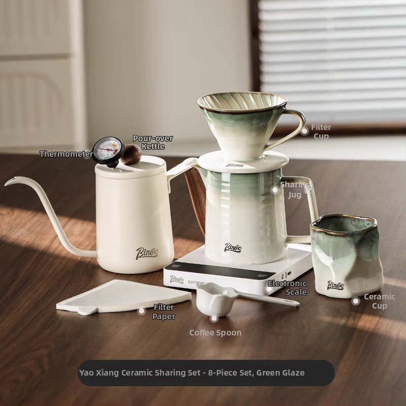 Bincoo Sada pour-over kávy s keramickým filtrom, kanvica na zdieľanie a ručný mlynček na kávu pre domáce použitie