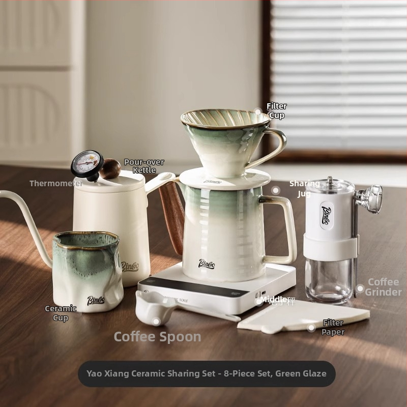 Bincoo Sada pour-over kávy s keramickým filtrom, kanvica na zdieľanie a ručný mlynček na kávu pre domáce použitie