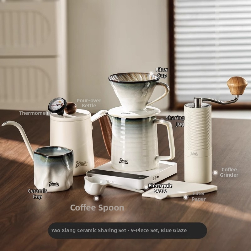 Bincoo Sada pour-over kávy s keramickým filtrom, kanvica na zdieľanie a ručný mlynček na kávu pre domáce použitie