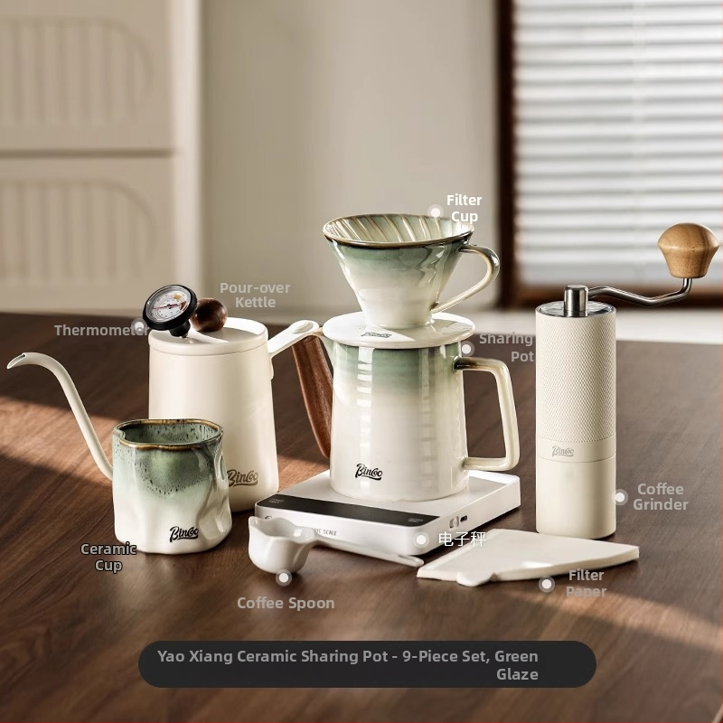 Bincoo Sada pour-over kávy s keramickým filtrom, kanvica na zdieľanie a ručný mlynček na kávu pre domáce použitie