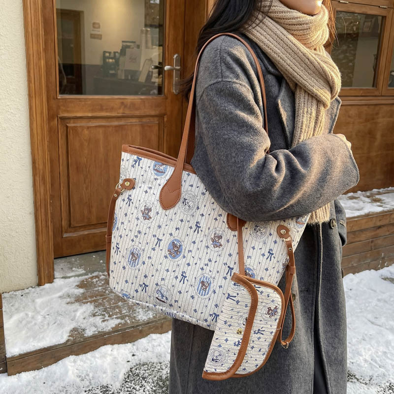 Ženski retro jednofarbni set od dvije torbe za pohranu – prijenosne, velike kapacitete, torbe preko ramena tote