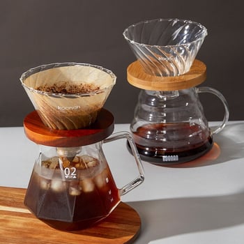 Set de cafea prin filtrare manuală, cu filtru de cafea din sticlă, cană-filtru și filtru de cafea