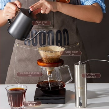 Set de cafea prin filtrare manuală, cu filtru de cafea din sticlă, cană-filtru și filtru de cafea