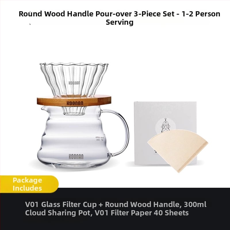 Set de cafea prin filtrare manuală, cu filtru de cafea din sticlă, cană-filtru și filtru de cafea