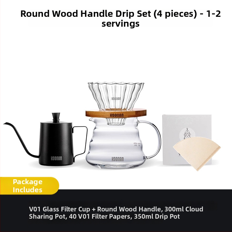 Set de cafea prin filtrare manuală, cu filtru de cafea din sticlă, cană-filtru și filtru de cafea
