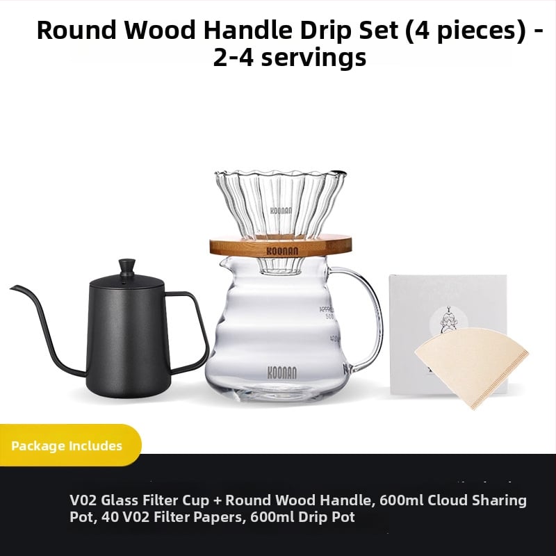 Set de cafea prin filtrare manuală, cu filtru de cafea din sticlă, cană-filtru și filtru de cafea