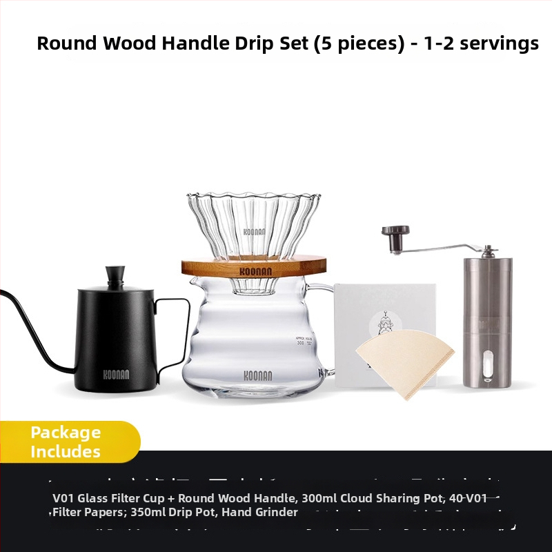 Set de cafea prin filtrare manuală, cu filtru de cafea din sticlă, cană-filtru și filtru de cafea