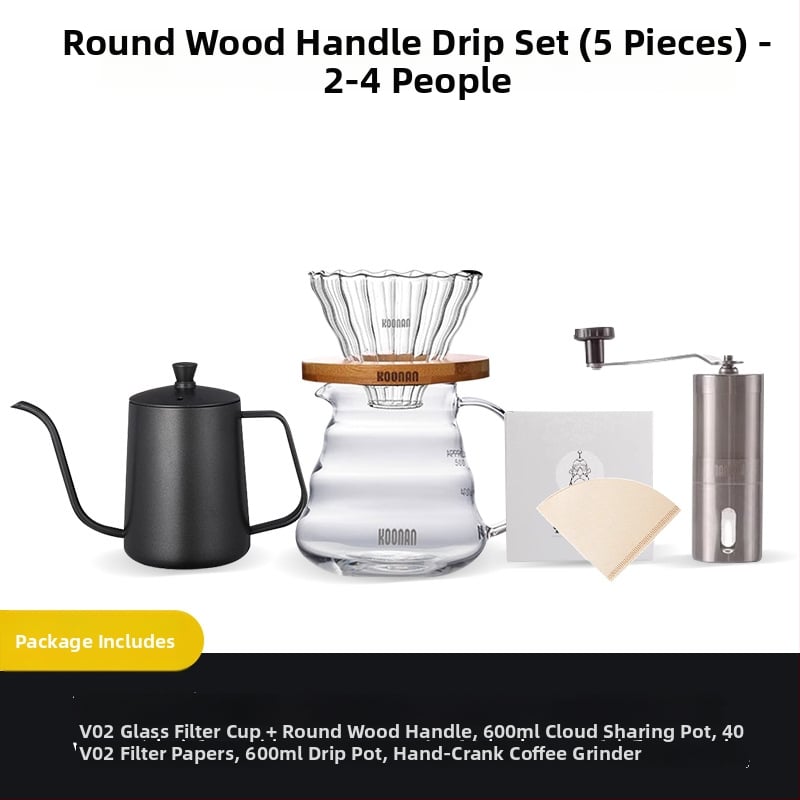 Set de cafea prin filtrare manuală, cu filtru de cafea din sticlă, cană-filtru și filtru de cafea