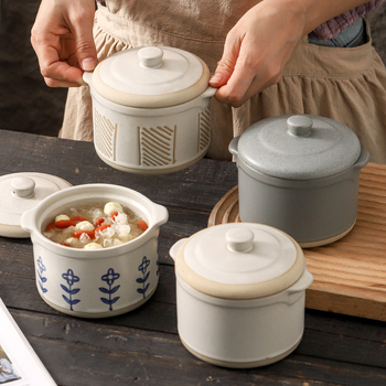 Vas ceramic pentru supe cu capac, cu două mânere pentru o porție, stil japonez, bol de supă pentru uz casnic
