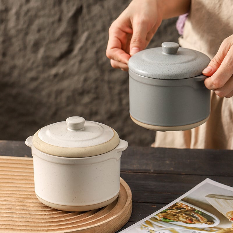 Vas ceramic pentru supe cu capac, cu două mânere pentru o porție, stil japonez, bol de supă pentru uz casnic