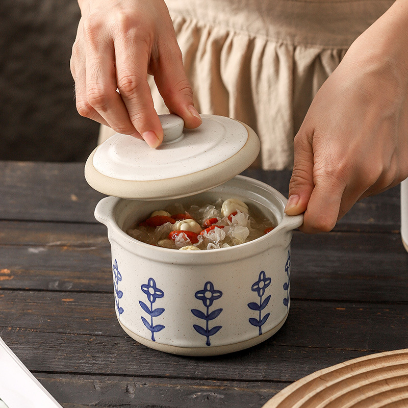 Vas ceramic pentru supe cu capac, cu două mânere pentru o porție, stil japonez, bol de supă pentru uz casnic