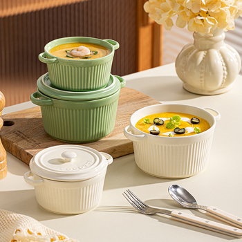 Vas ceramic pentru o porție, cu capac și două mâneri, design în dungi, pentru abur, supă și coacere