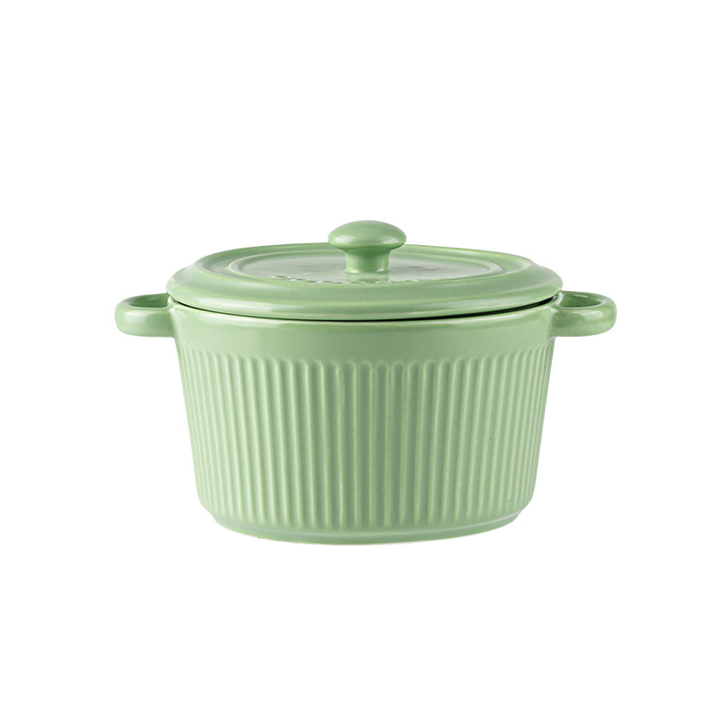 Vas ceramic pentru o porție, cu capac și două mâneri, design în dungi, pentru abur, supă și coacere