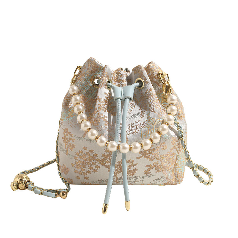 Bucket torba u kineskom stilu s biserima za žene, mala crossbody torba.