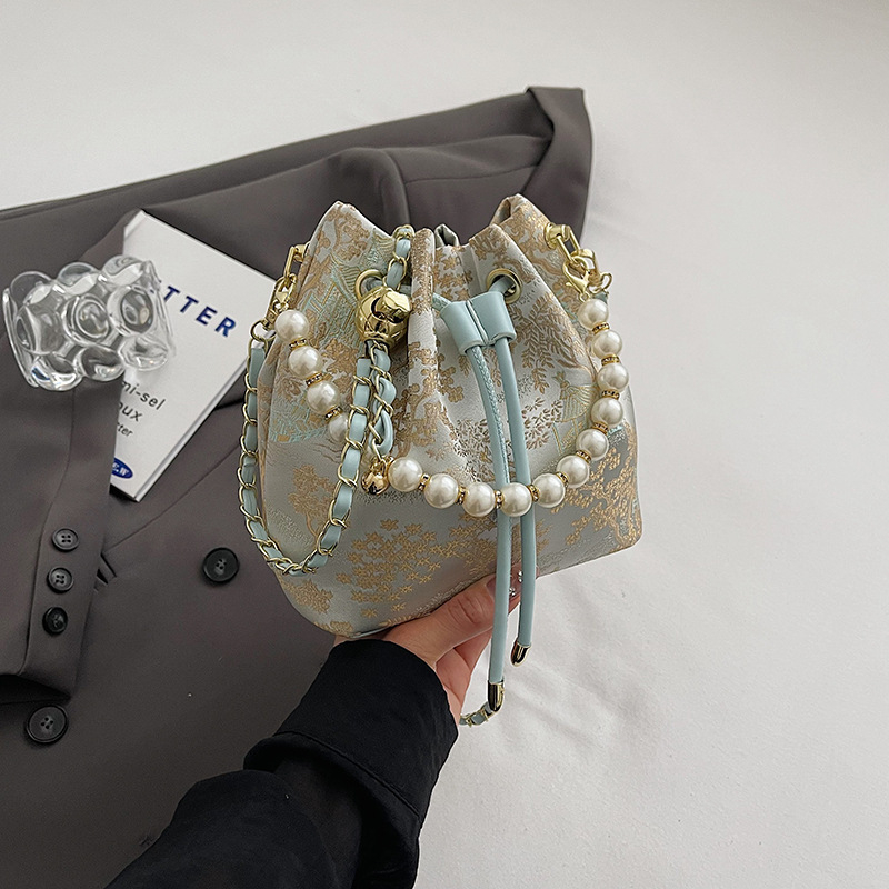 Bucket torba u kineskom stilu s biserima za žene, mala crossbody torba.