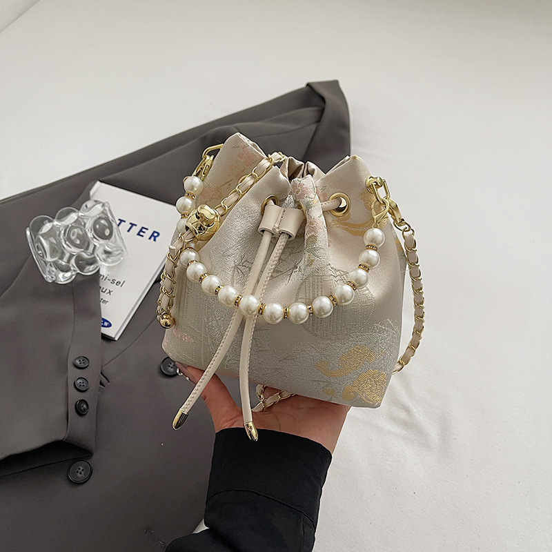 Bucket torba u kineskom stilu s biserima za žene, mala crossbody torba.