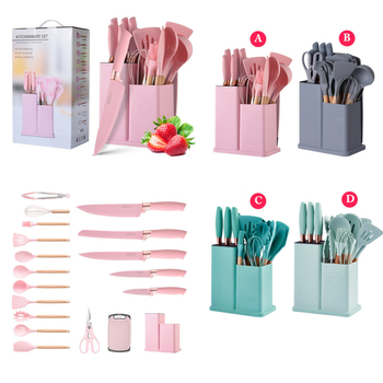 Set de 19 piese din silicon pentru bucătărie, cu mânere din lemn de stejar, spatule și linguri, însoțit de recipient de depozitare