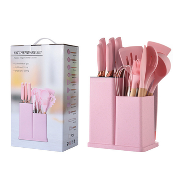 Set de 19 piese din silicon pentru bucătărie, cu mânere din lemn de stejar, spatule și linguri, însoțit de recipient de depozitare