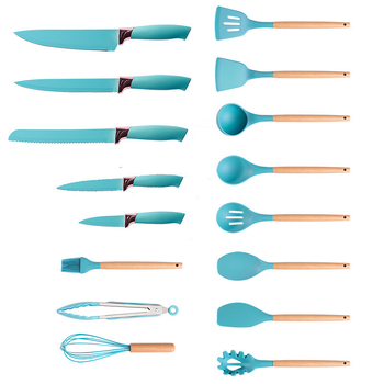 Set de 19 piese din silicon pentru bucătărie, cu mânere din lemn de stejar, spatule și linguri, însoțit de recipient de depozitare