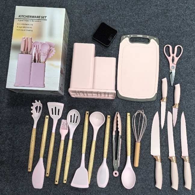 Set de 19 piese din silicon pentru bucătărie, cu mânere din lemn de stejar, spatule și linguri, însoțit de recipient de depozitare