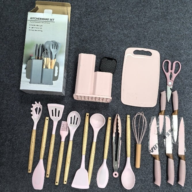 Set de 19 piese din silicon pentru bucătărie, cu mânere din lemn de stejar, spatule și linguri, însoțit de recipient de depozitare