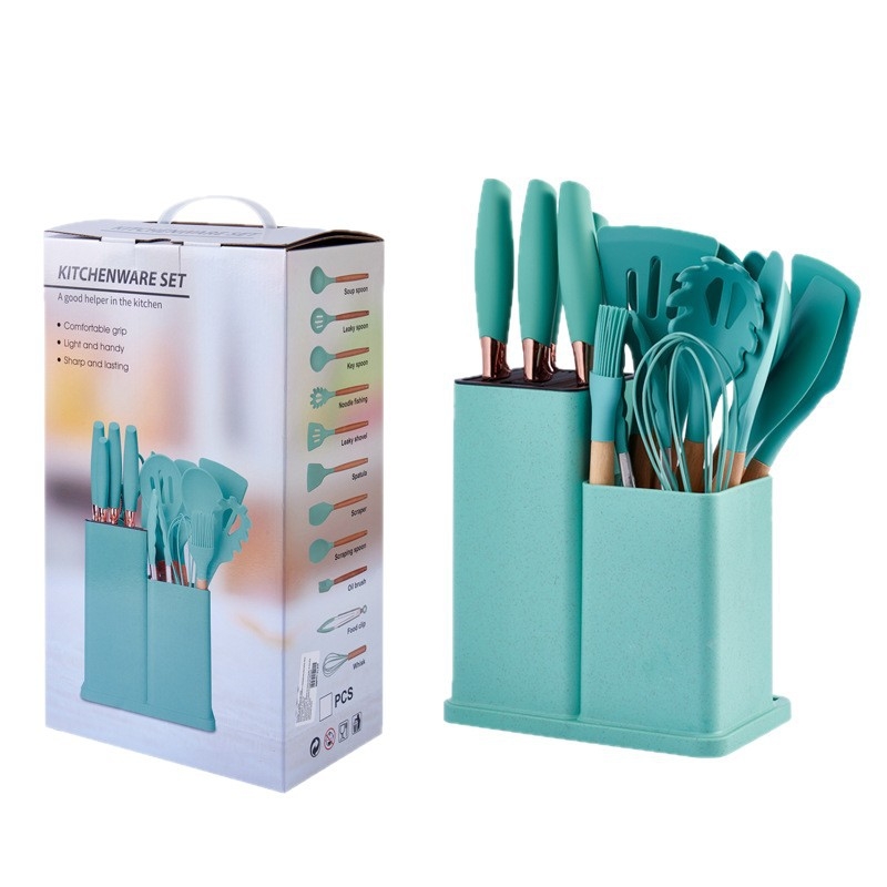 Set de 19 piese din silicon pentru bucătărie, cu mânere din lemn de stejar, spatule și linguri, însoțit de recipient de depozitare