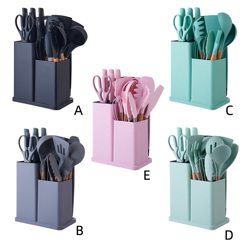 Set de 19 piese din silicon pentru bucătărie, cu mânere din lemn de stejar, spatule și linguri, însoțit de recipient de depozitare